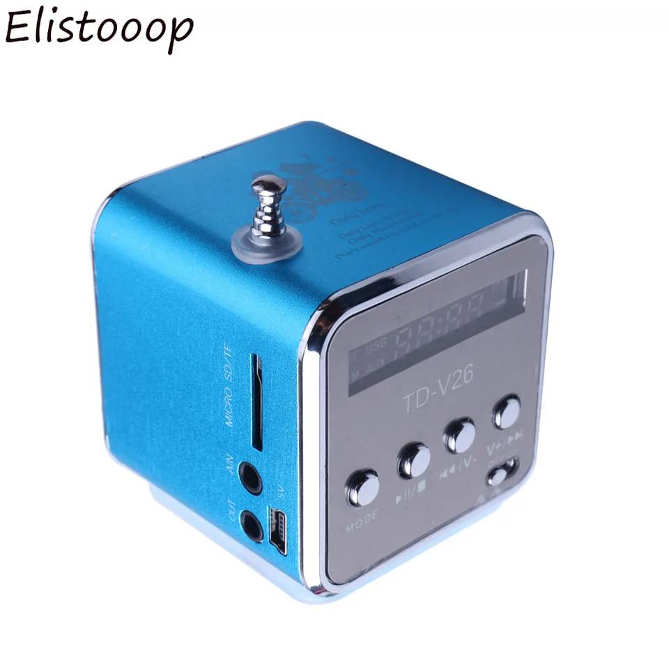 Elistooop TD-V26 Mini Radio FM Digitálne prenosné reproduktory s podporou rádiového prijímača AM FM SD/TF Card pre MP3 Hudobný prehrávač