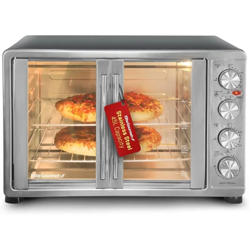 Elite Gourmet ETO-4510M Francúzske dvere 47,5QT, 18-slice konvekčná rúra 4-kontrolovaná gombíky, pečené grózové toasty hrianky držiak