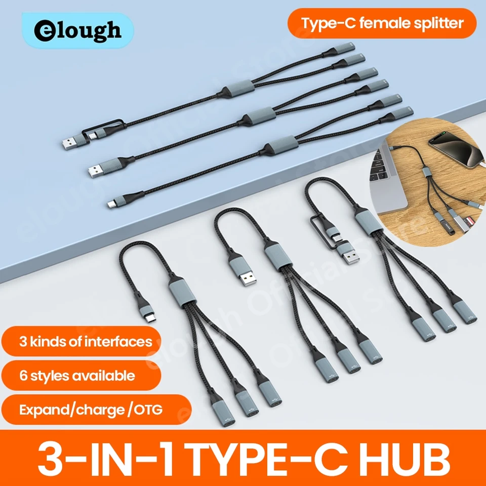 Elough Type C Hub USB Splitter Connector OTG Adaptér USB/USB C na 3 Typ C Splitter Dáta Prenos čítania U Disk/karta pre prenosný počítač