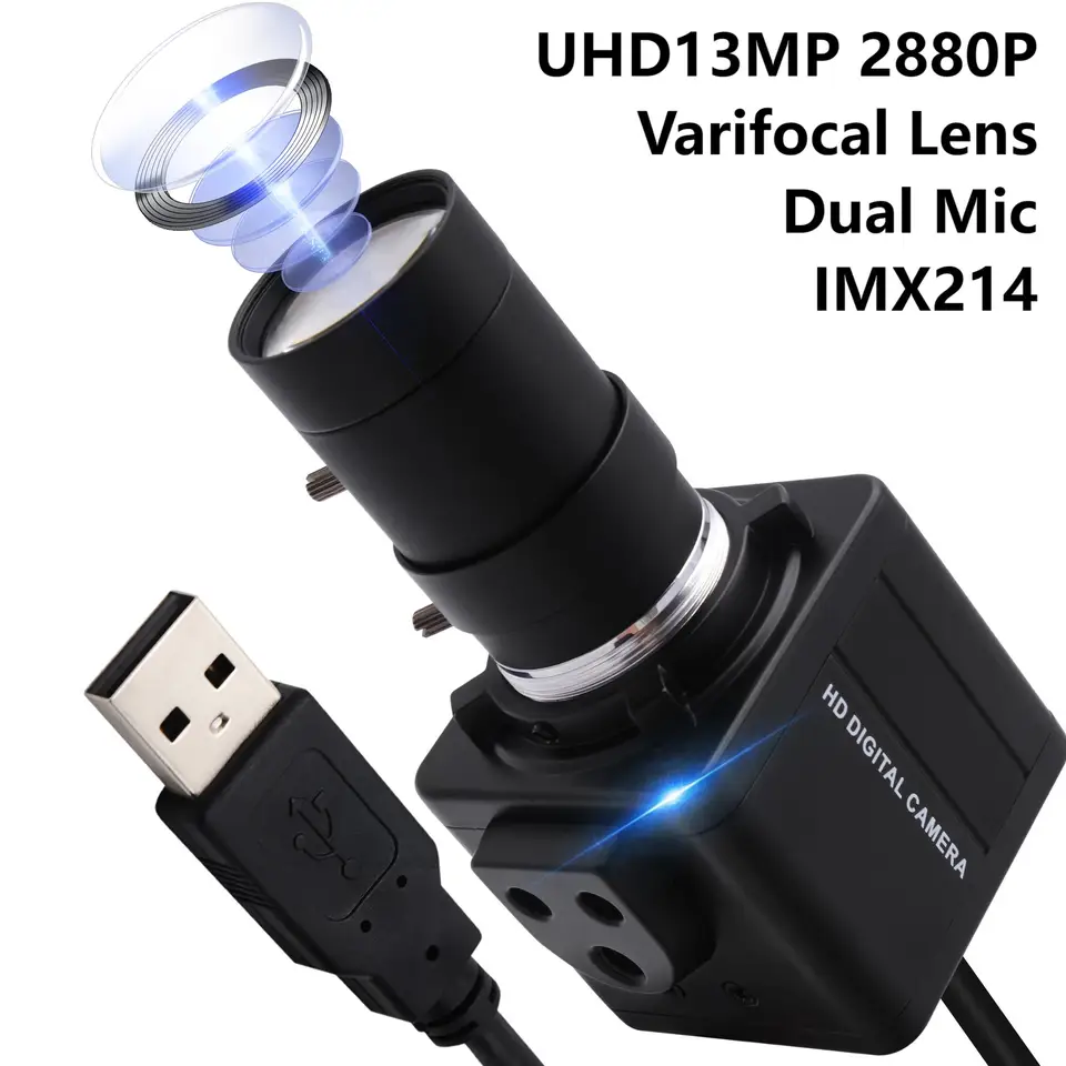 ELP 13MP 10x 5x Zoom LENS USB CAMERA MINI 2880P LIGHBURN VARIFOCAL WEBCAM s duálnym mikrofónom pre živé streamy Home Security UVC OTG