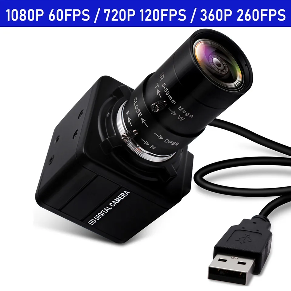ELP USB Camera 260fps 120fps High Speed ​​5-50 mm 10x Zoom 1080p Webcam Manual Focus Zoom Ind and Out Golf Swing Shooting Fotoaparát