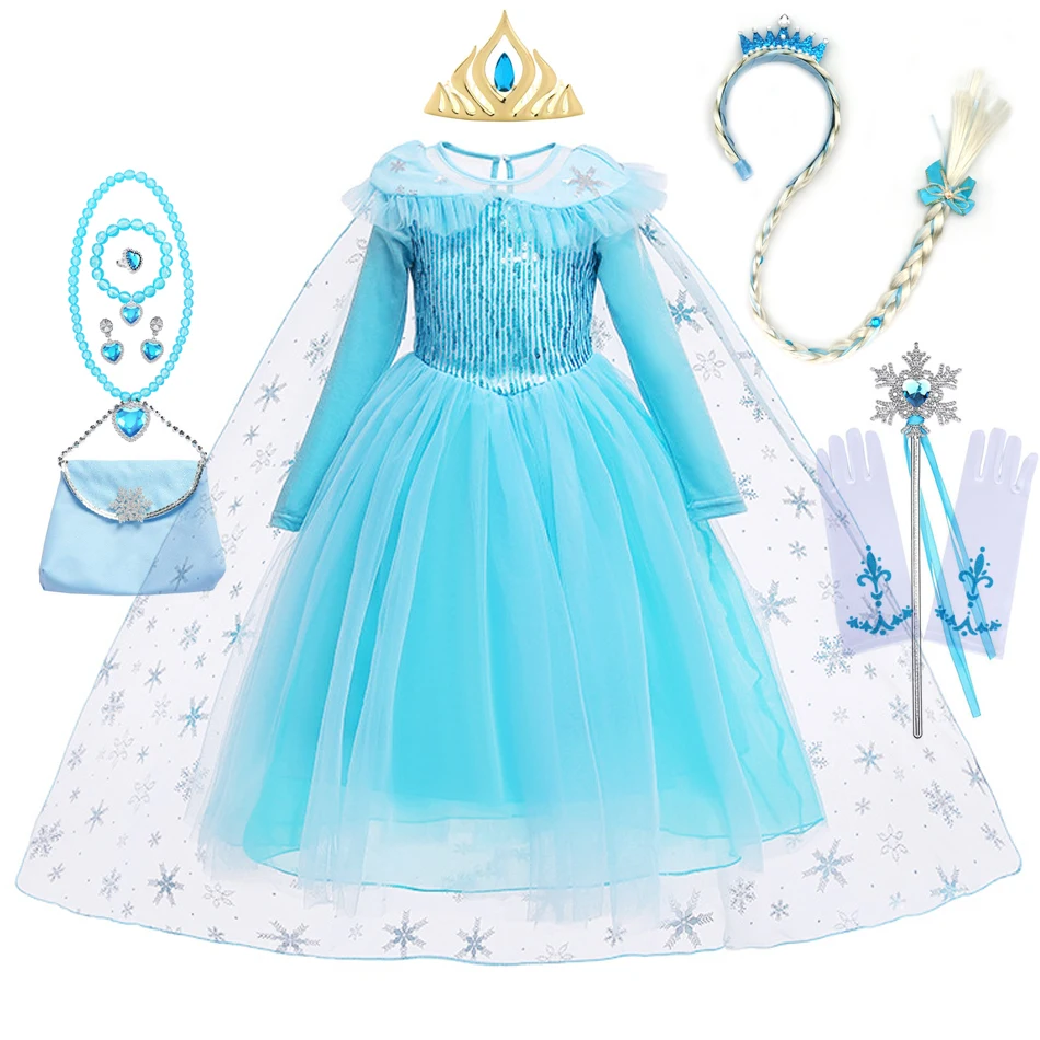 Elsa Dress for Kids Girl Detské oblečenie Dlhé rukávy Princezná Cosplay kostýmové flitry Cape Girls Darček