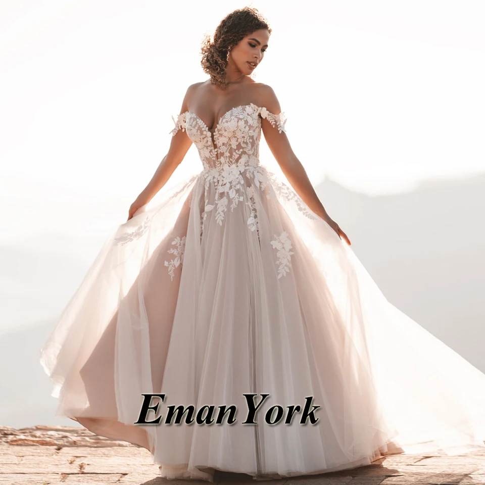EMany Fashion Svadobné šaty pre ženy zlatíčko z ramenných čipkovaných aplikácií zametané vlak robe de mariee kvapka
