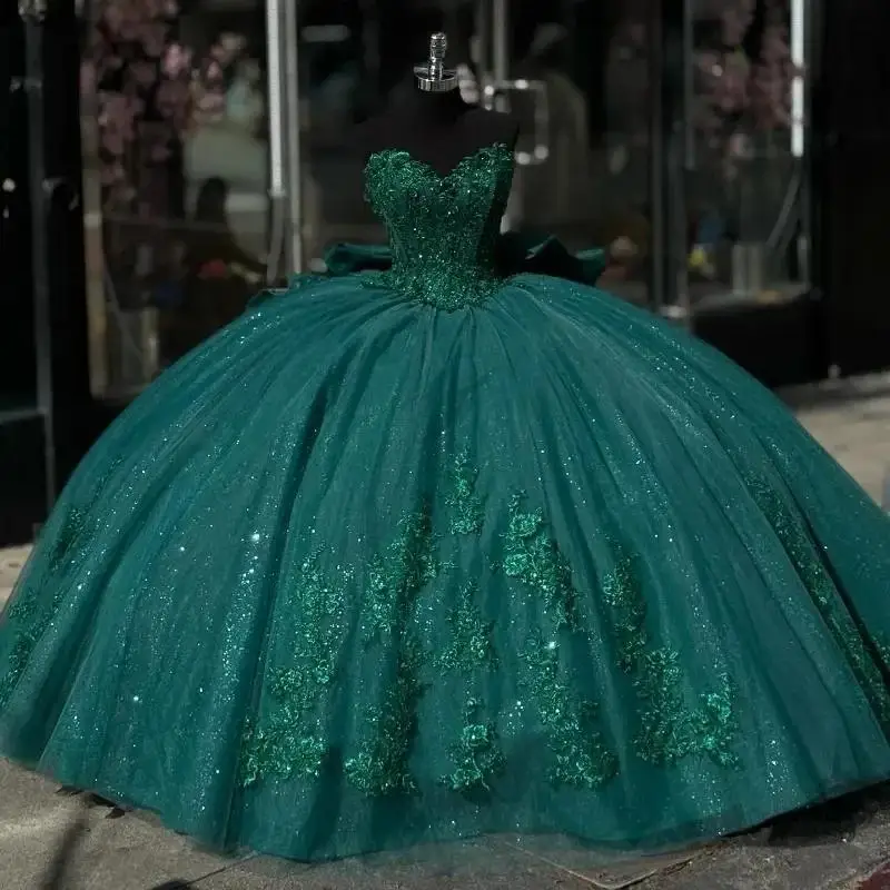 Emerald Green Lace Appliques Tulle Quinceanera šaty Off Crystal Corzet Vestidos 15 de XV ANOS Prispôsobené
