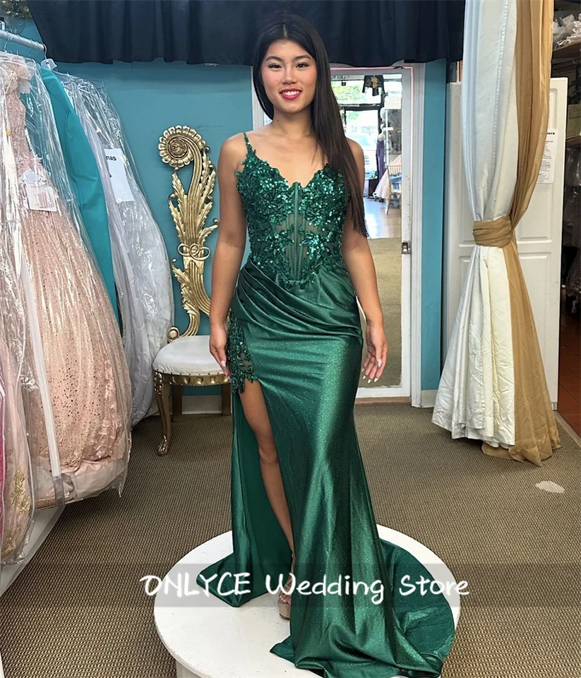 Emerald Green Mermaid Večerné šaty Korzetové šaty strana rozdelené korálky Crystals Prom šaty šaty narodeniny šaty Svadba Prispôsobené