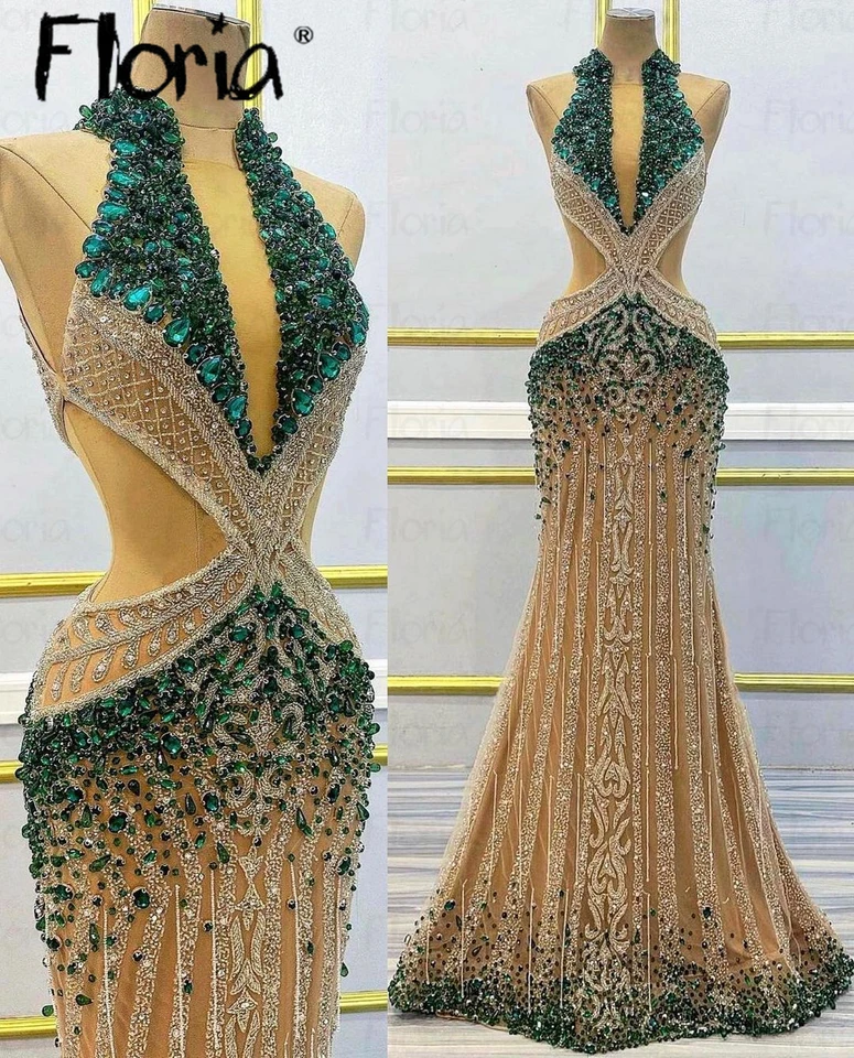 Emerald zelené kamienky Haute couture Evening Dress Tailor Made 2023 Dubaj Luxusné šaty svadobné večere Formálne šaty
