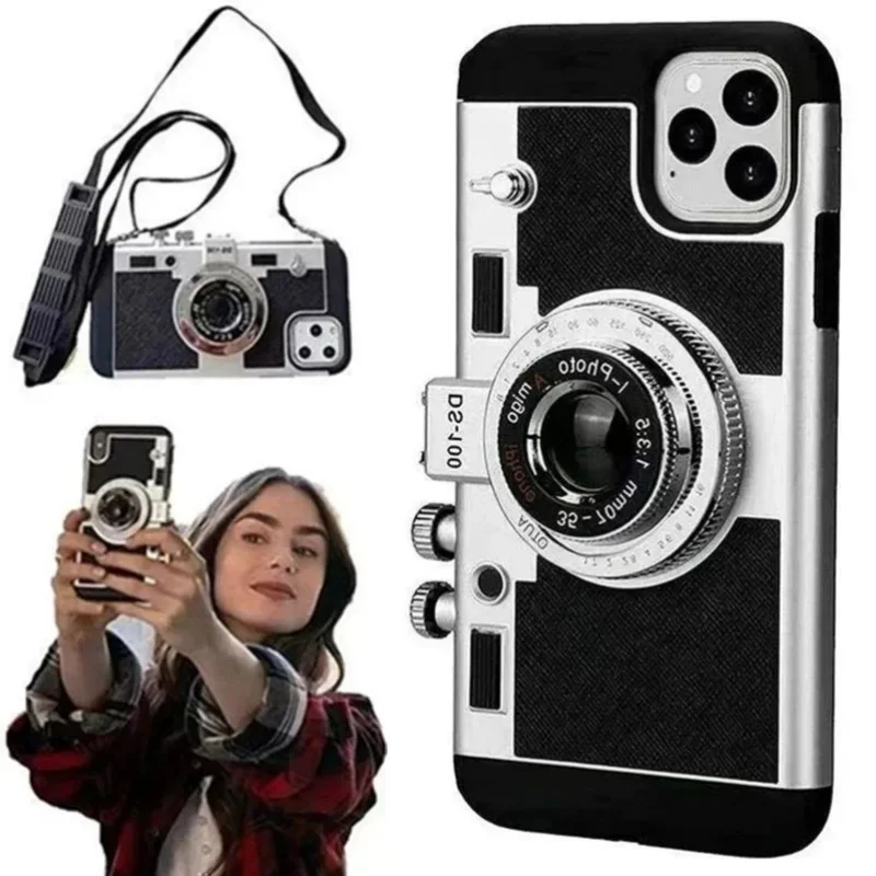 Emily v Paríži 3D puzdro pre iPhone 16 11 13 14 15 Pro Max 12 Mini xs xr x 7 8 plus SE Funda Cover Sling Case Retro Camera Leather