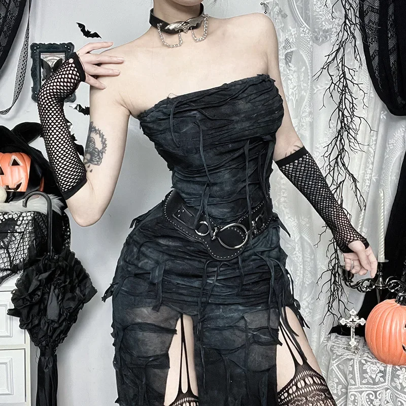Emo alt grunge diera šaty Ženy gotické tmavé streetwear Sexy remienok bez ramienok s vysokým pásom rozdelené šaty harajuku y2k e-dievča oblečenia