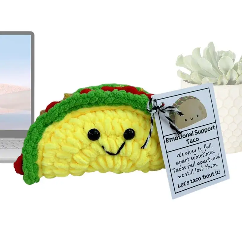 Emocionálna podpora Taco háčkovanie stresu, ktorý zmierňuje postava Funny pozitívna emocionálna podpora roztomilá plyšová bábika s kartou pre spolupracovníkov