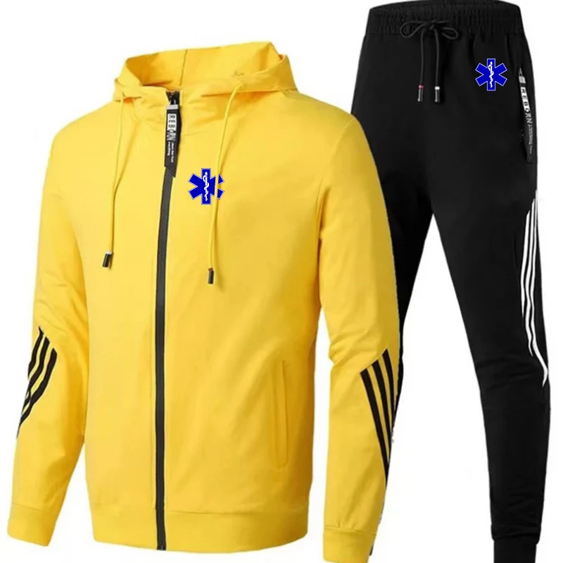 EMT Núdzová ambulancia 2024 Men Oblek Jeseň Nový zips Cardigan Bunda+Stupety pruh Running Fitness Jogging 2 -Piece Set