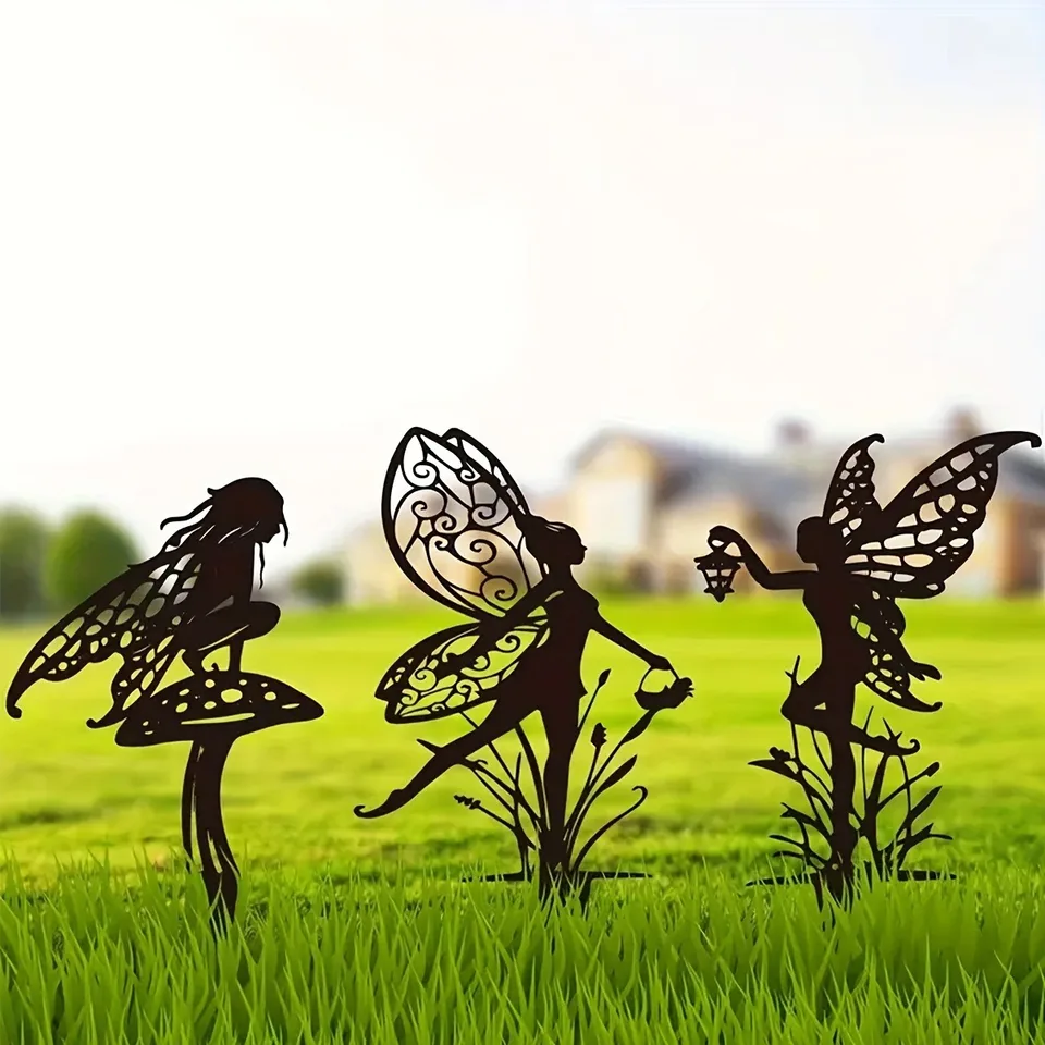 Enchanted Fairy Garden Cont - Kovová kvetinová rozprávková ornament, dekoratívne vonkajšie yardové umenie pre terasu a záhradu