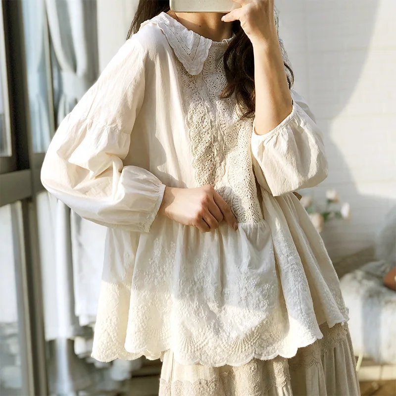 ENIANECHU MORI GIRL VINTAGE COTNÁ Sladké vyšívacie očné okulá s čipkou košele