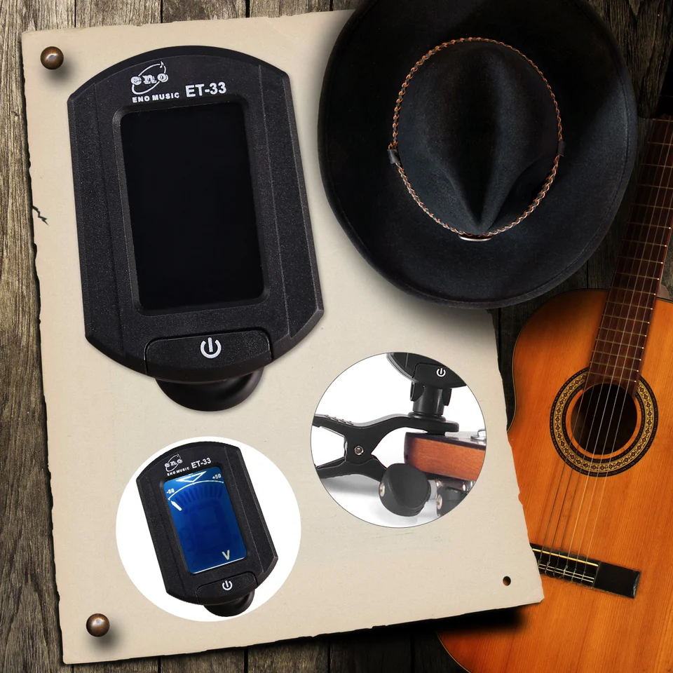 ENO ET-33 MINI CLIP-ON DIGITÁLNA LCD Chromatická gitarová basová basová huslia ukulele chromatický tuner (čierny) klip na gitarovom tuner