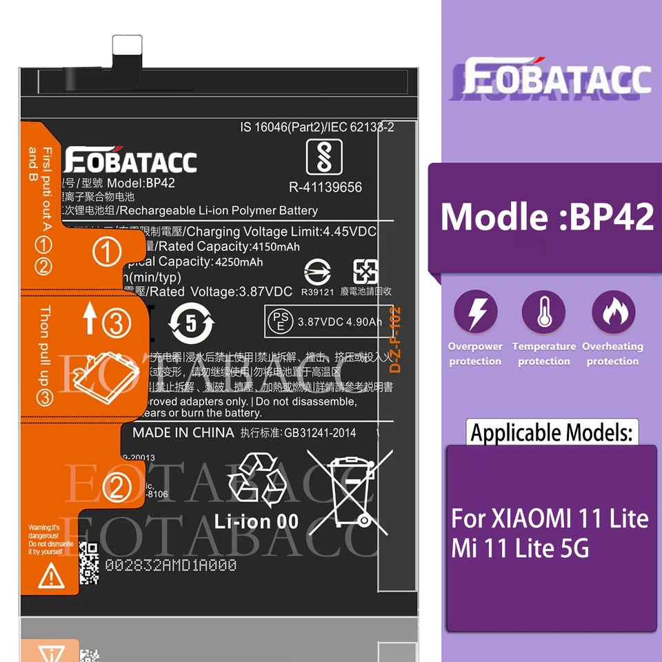 EOTABACC 100% Nová originálna batéria BP42 pre Xiaomi 11 LITE /MI 11 LITE 5G NE /2109119DG Batéria +Nástroje