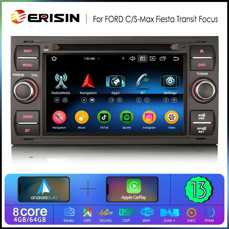 ERISIN ES6766F Android 13 DVD Player GPS pre Ford Kuga Galaxy C-Max Focus2 Wireless CarPlay Auto DSP 4G LTE BT5.0 Multimedia