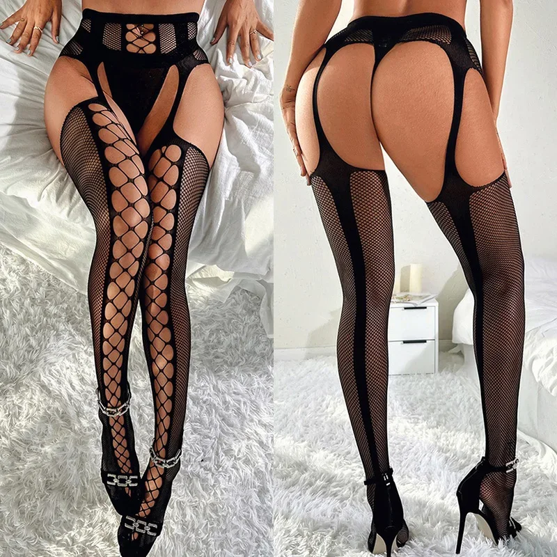 Erotické rozkrokové spodné prádlo Ženy Čierne pančuchy s podväzkovým vysokým rybárskym slákom sexy pančucháče kvetinové tlače pančucháče