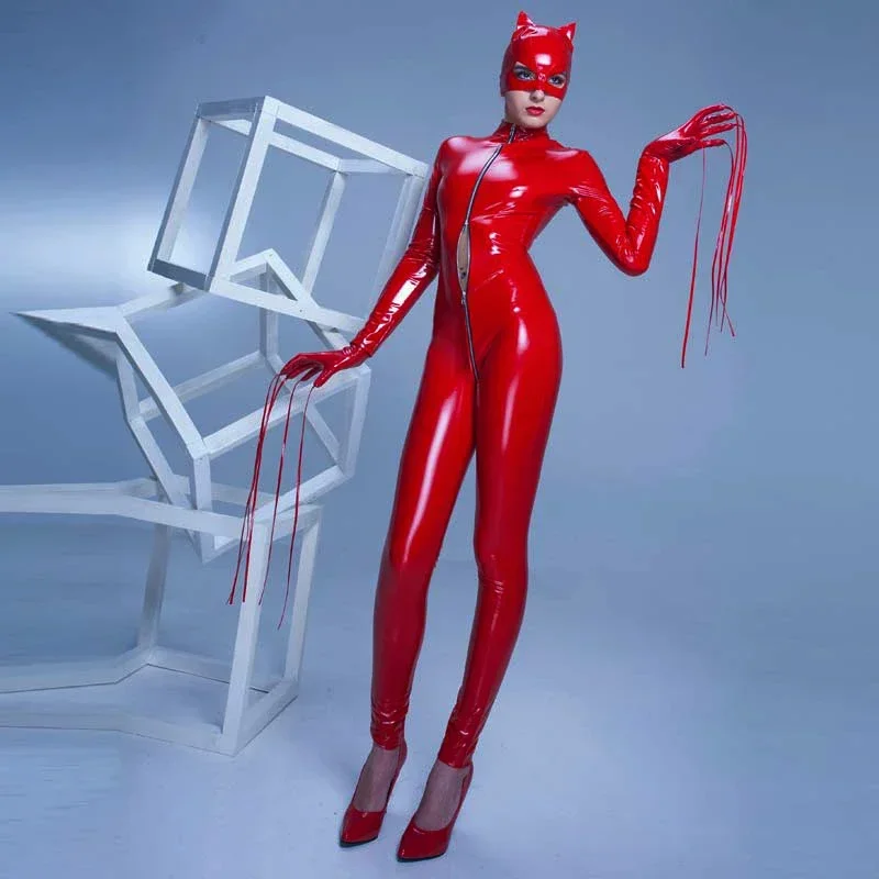 Erotické spodné prádlo Sexy žena zips zips bez kostýmu PVC Latex Latex Catsuits Open Crotch Bodysuit Mask