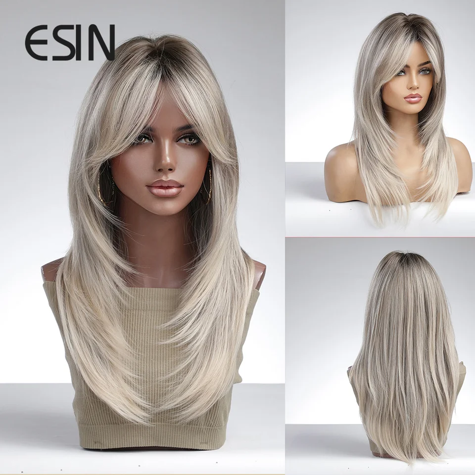 ESIN Syntetická parochňa stredná ombre ombre tmavá farba na bielu blond parochňu pre ženy Ombre vrstvené vlasy s tmavými koreňmi