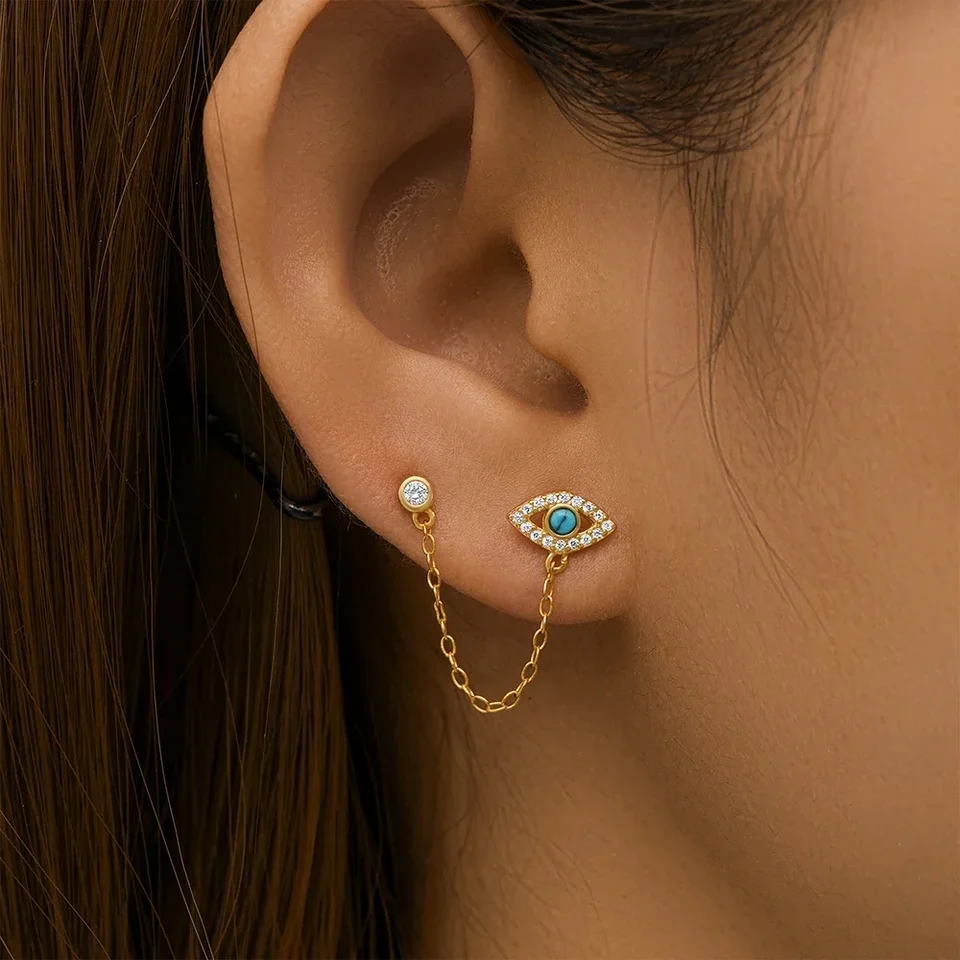 ESO 925 Sterling strieborný tyrkysový zirkón Zlé očné obruč pre ženy 18k zlatá retiazka chrupavka Piercing Na náušnice
