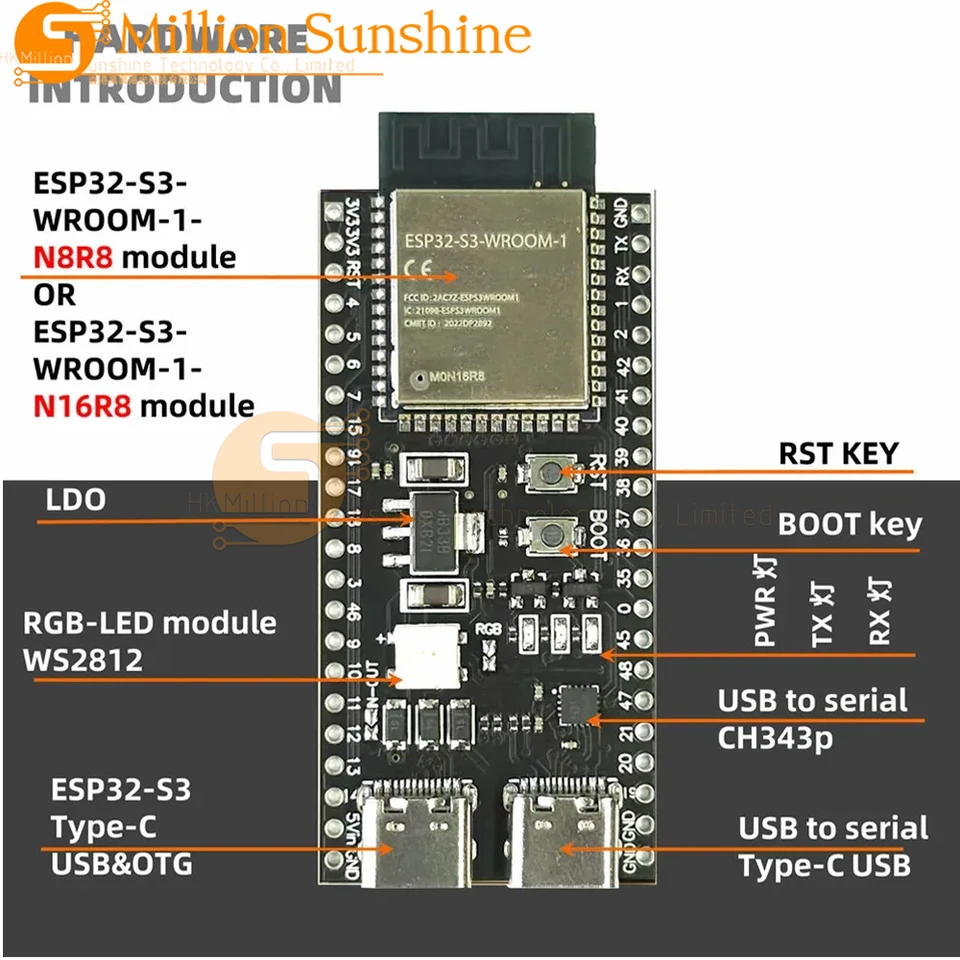 ESP32-S3 Vývojová doska 2.4g WiFi Modul pre Arduino ESP IDF ESP32-S3-S3-WROOM-1 N8R2 N16R8 44PIN TYP-C 8M PSRAM ESP32 S3
