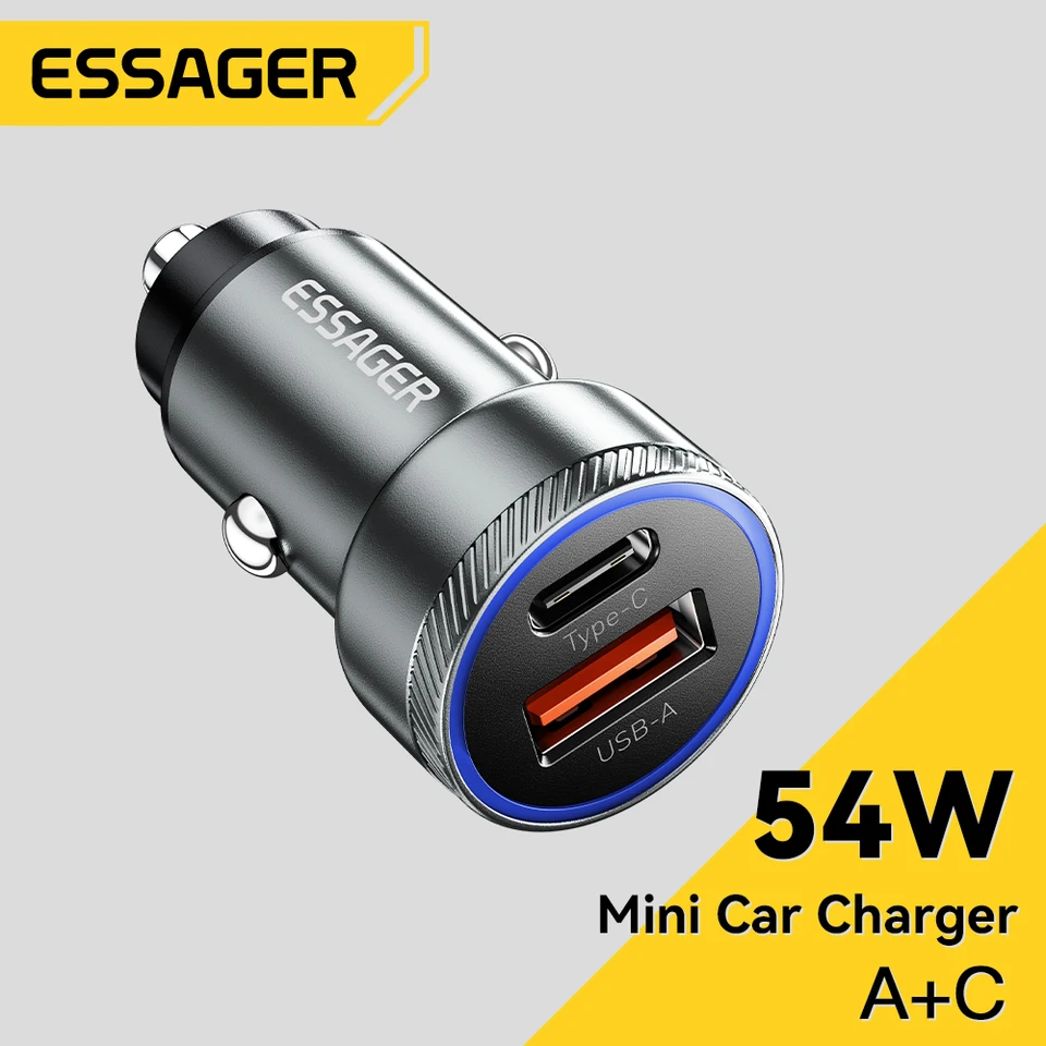 ESSAGER 54W USB CAR nabíjačka 5a rýchla charing QC 3.0 PD 3.0 SCP AFC USB TYP C ACON nabíjačky pre iPhone Huawei Samsung Xiaomi