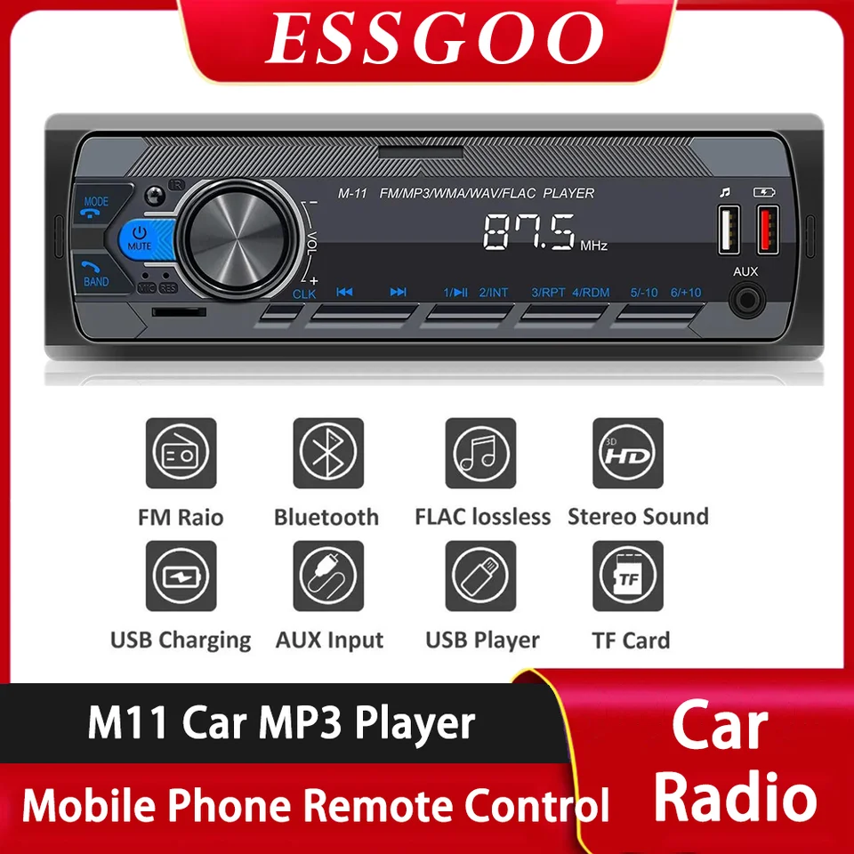 ESSGOO 1 DIN Car Radio Automotive Multimedia MP3 Player FM AUX TF SD USB Bluetooth Automotive Sound for Universal