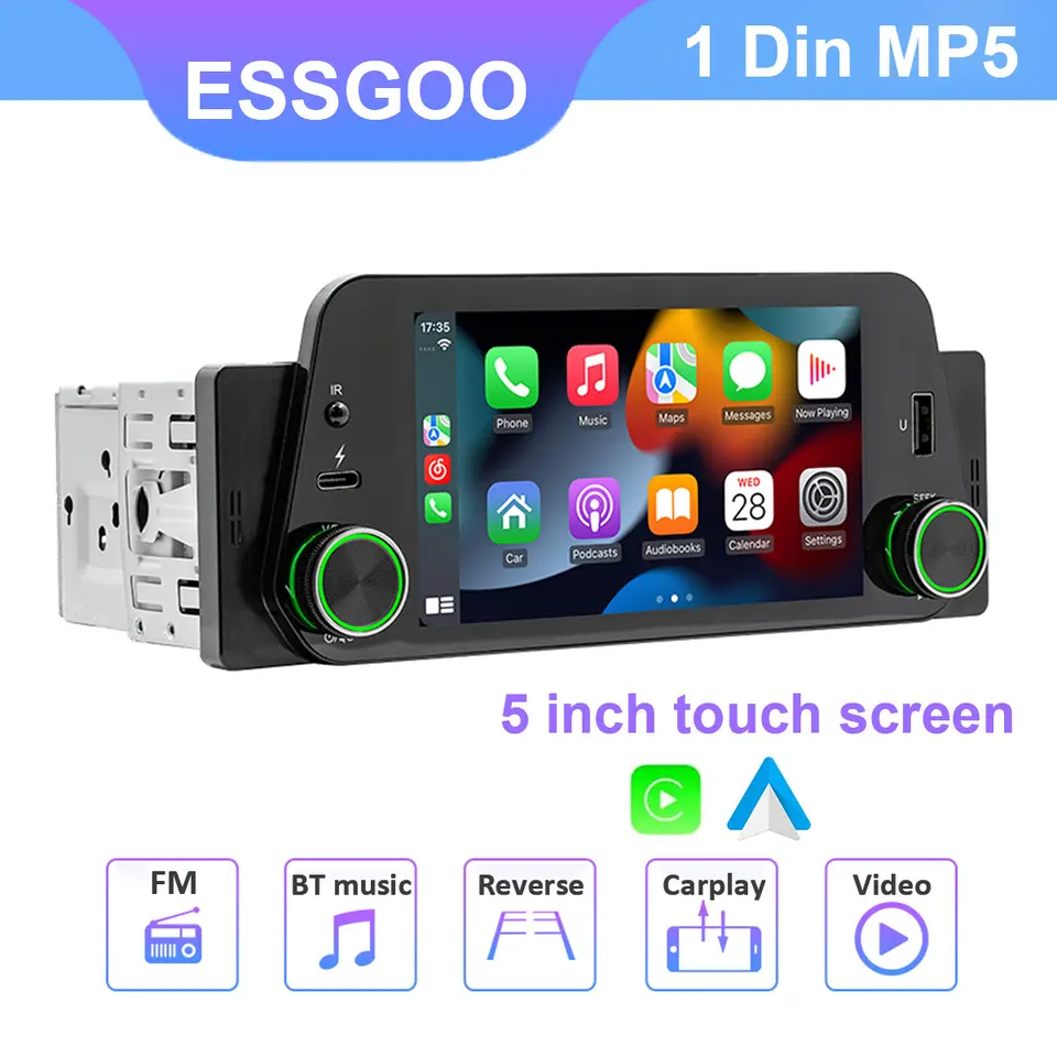 Essgoo 5 palcový automobilový rádio Wireless CarPlay 1Din MP5 Player Autoradio Stereo Touch Screen 1280x720 Universal Multimedia Player Player