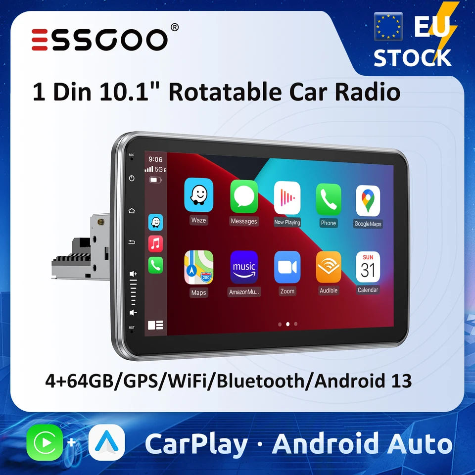 Essgoo Rotattable Car Radio 10.1 '' Android Auto CarPlay Autoradio 1 Din Universal Car Multimedia Player GPS Stereo Autoradio