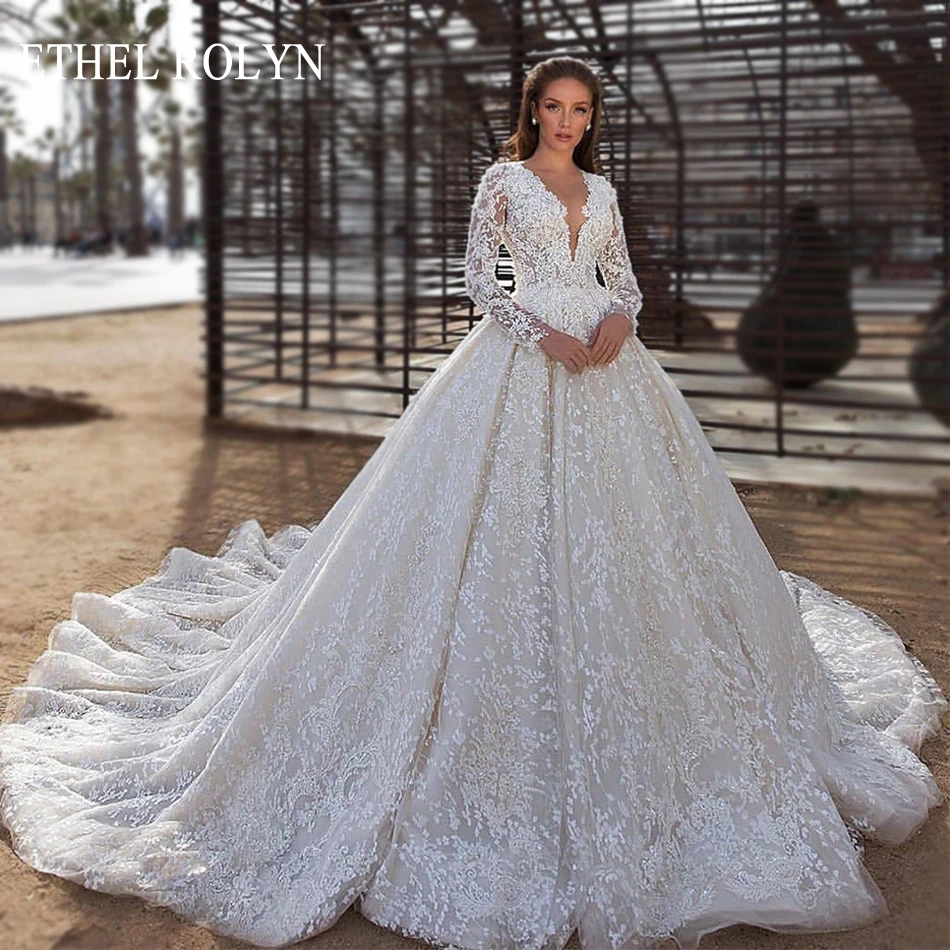 Ethel Rolyn Luxusné svadobné šaty pre ženy korálkové aplikácie s dlhým rukávom čipka princezná V-krk svadobné šaty Vestidos de Novia