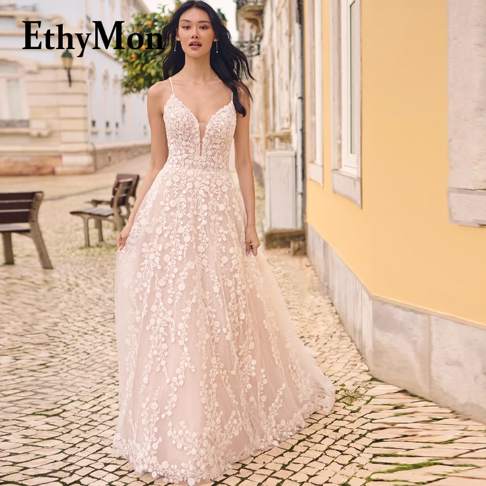 Ethymon Fashion Tulles Svadobné šaty pre nevesty s špagetovými popruhmi čipky