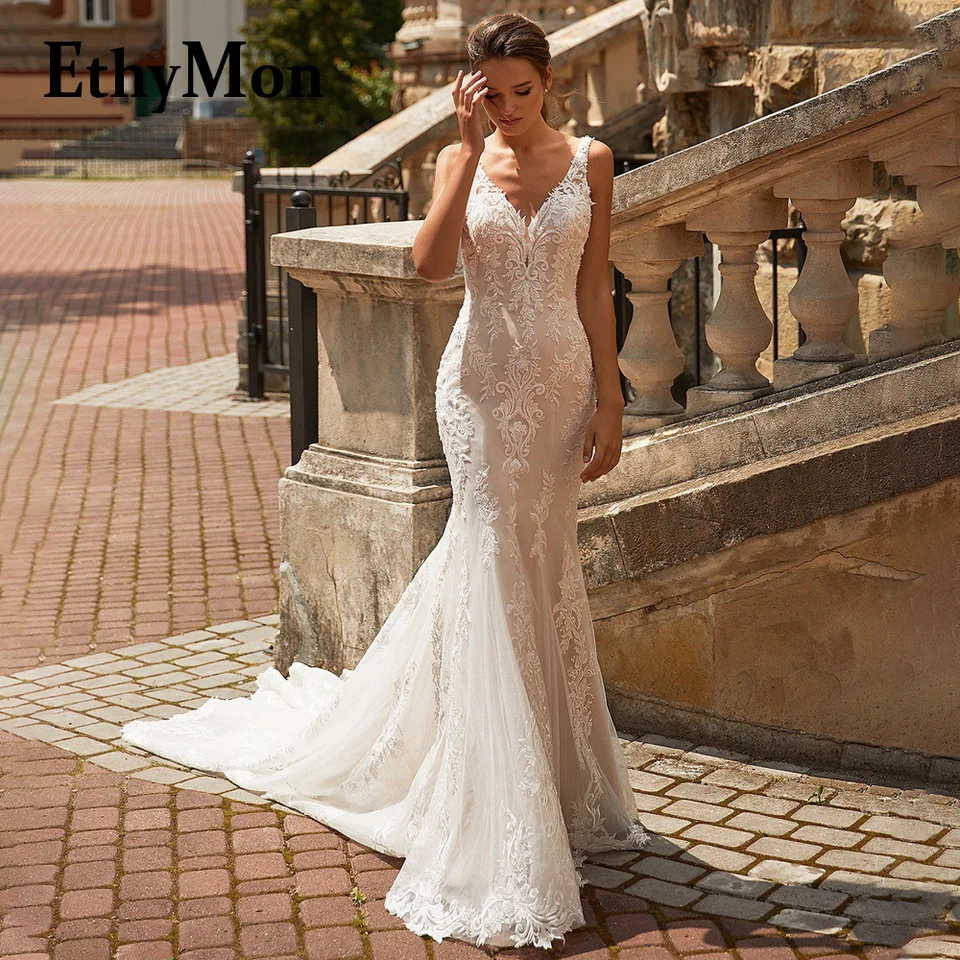 Ethymon Trendy Mermaid Svadobné šaty pre nevestu V-krstné špagety popruhy Aplikácie Buttons Court Train Robe de Mariée Prispôsobené