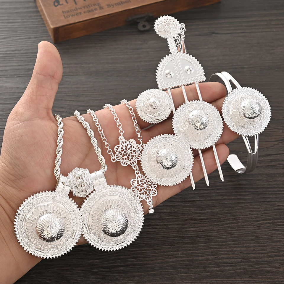 Etiópsky veľký náušnica Ring Ring náramok Headchain Hairpain Fashion Etiópia strieborná farba súpravy pre darček svadobnú hostinu pre ženy