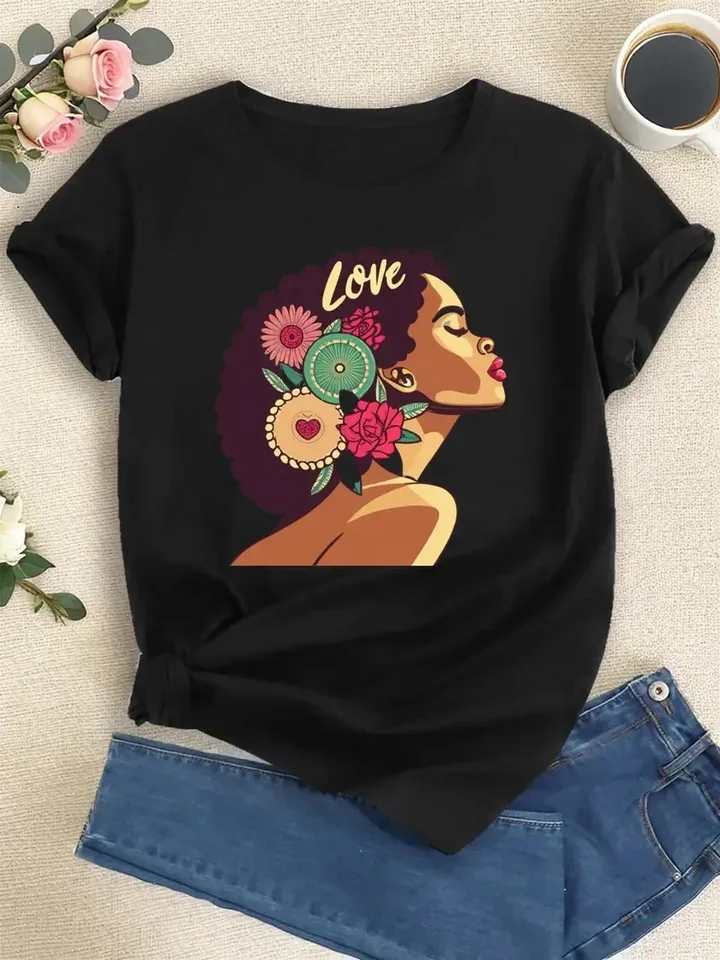 Etnické dámy Tričko Africko Love Vytlačené krátke rukávy okrúhly krk Prí bežné módne vrcholy letné jarné jarné dámske oblečenie Harajuku