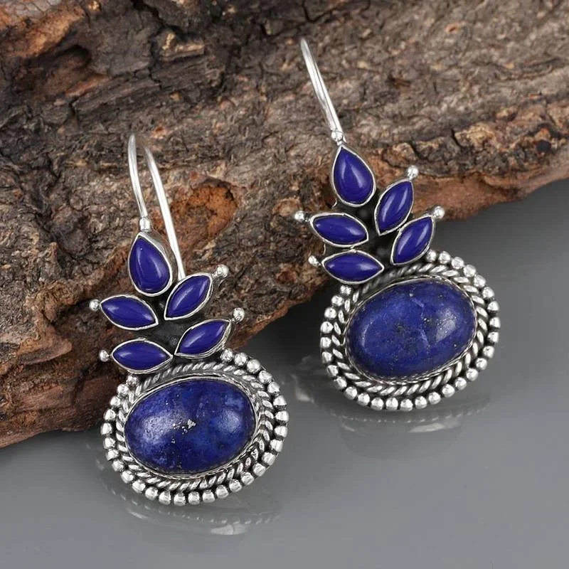 Etnické okrúhle lapis lazuli náušnice Vinobranie šperky kov kov strieborná farebná kvapky vody Modrý kameň visiaci náušnice pre ženy