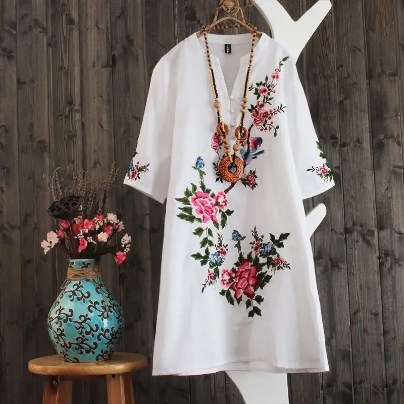 Etnické vyšívanie boho kvetinové šaty Ženy voľné hippie letné šaty s krátkym rukávom dám v krku oblečenie Vestidos