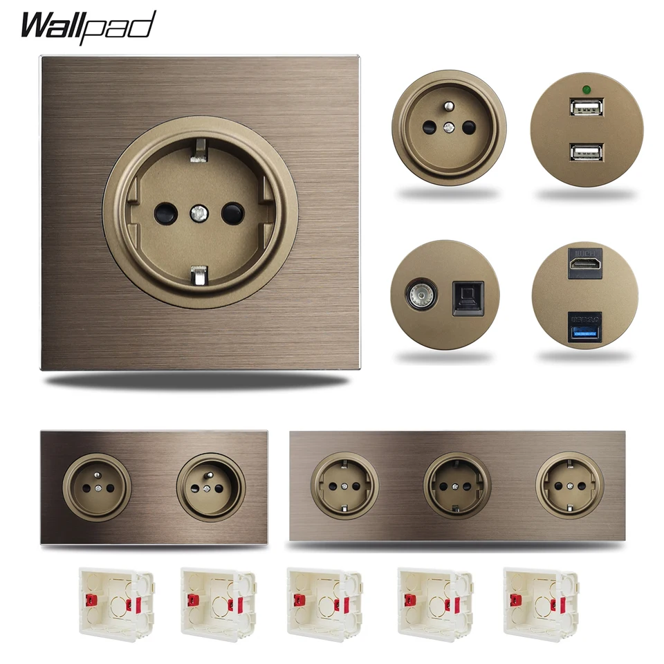 EU francúzska stena zásuvky elektrická elektrická energia odosielaná hnedá hliník 1-5 stĺpky doska USB nabíjací port RJ45 CAT6 VÝPRAVA