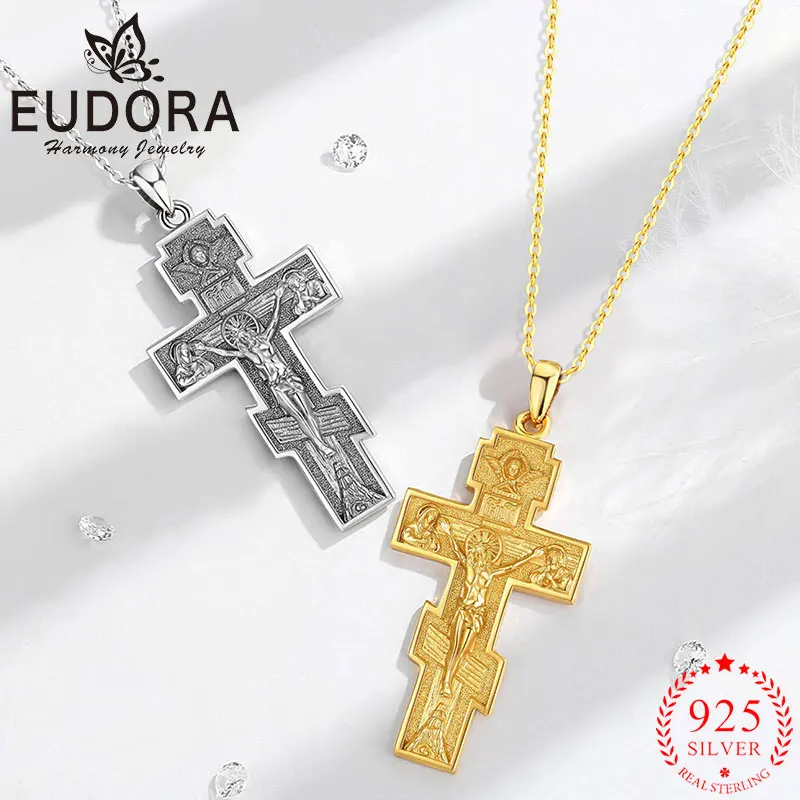 Eudora 925 Sterling Silver Crucifix kríž náhrdelník 18k Zlato Ježiš prívesok Amulet kresťanské šperky vynikajúce dary pre mužov