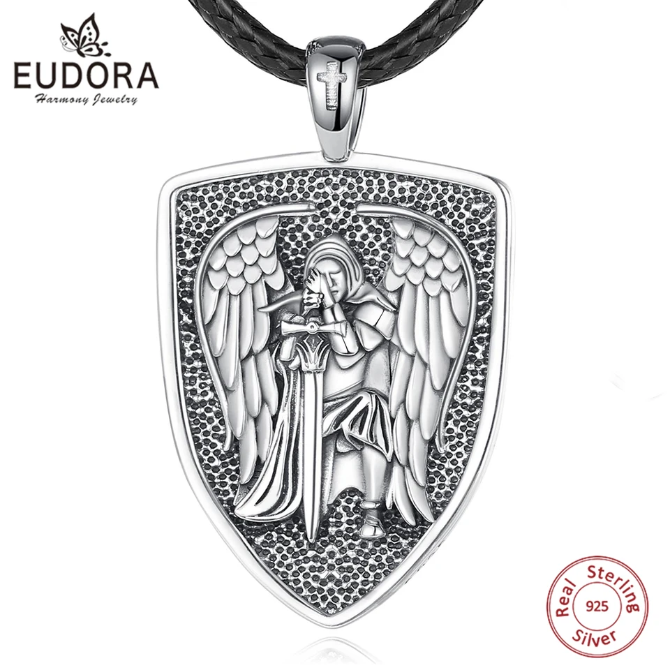 Eudora 925 Sterling Silver St.Michael Archanjel Náhrdelník Fine Angel Wings Medallion Prívesok Náboženské šperky darček pre mužov Ženy