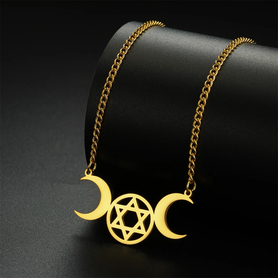 Eueavan Witch Triple Moon Goddess Náhrdelník Ženy z nehrdzavejúcej ocele Židovská hviezda Davida Hexagramu Prívesok reťaz amulet