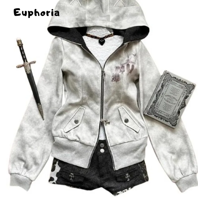 Euphoria y2k Ženy estetické harajuku faux kožušinové mikiny oblečenie grafické hip hop punk gotické zipsové mikiny streetwear