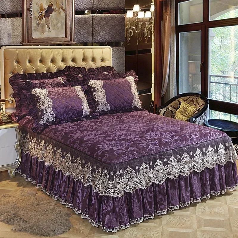 Európska čipka sukňa sukňou pevná farba Zhruba postele kryt kryštálovej zamatovej kráľovnej veľkosti postele rozprestievok s vankúšom domáci textil