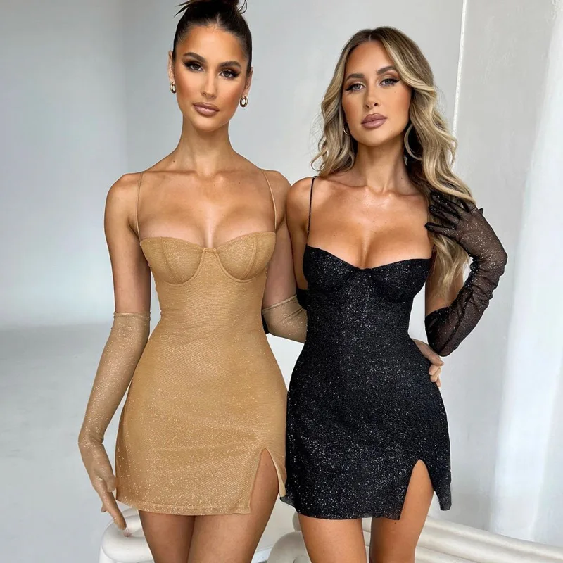 Európske a americké dámske oblečenie 2024 jar/leto nový štýl ins lesklý hodvábny podväzok rukavice Znižujúce sa sexy elegantné elegantné šaty