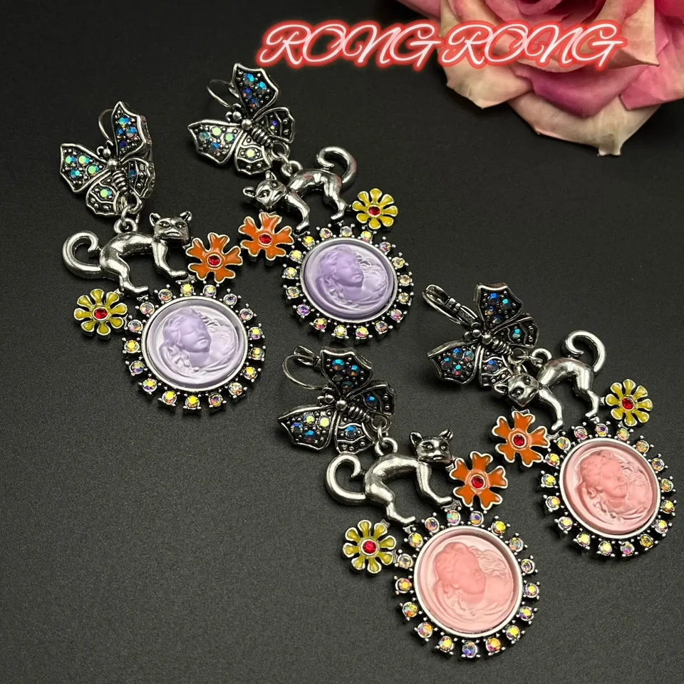 Európske a americké KF Dream Angel Butterfly Catters Retro textúra ťažké diela Kvapkajú glazúrované vinobranie náušnice