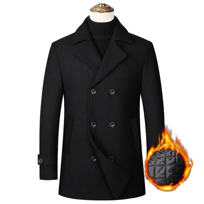 Európske veľkosti Male Casual Business Bunda Autumn a Winter High-end Double-Breasted Pánska vlnená 40% vlnená kabát Teplý zákopový plášť