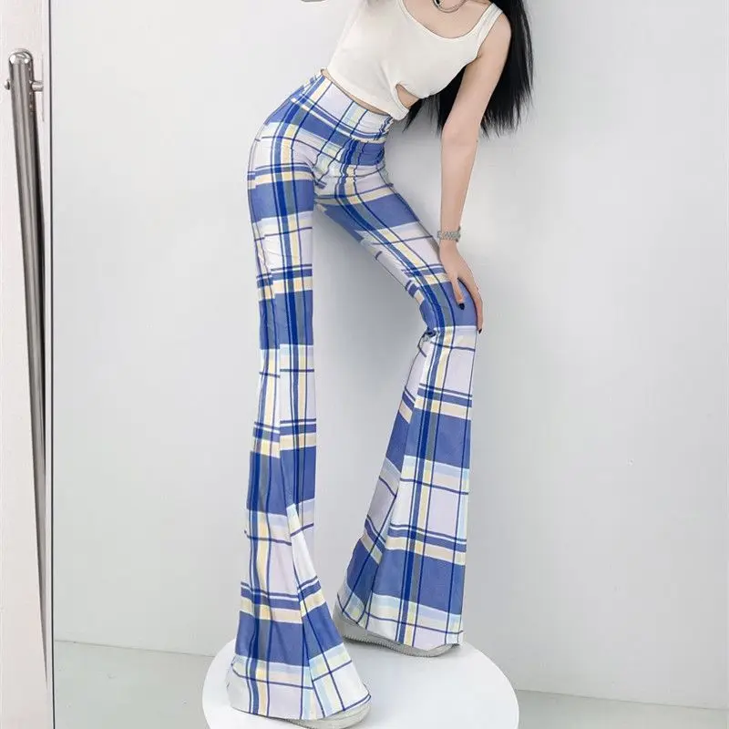 Európsky americký personalizovaný ulicami všestranné nohavice na štíhle erupcie Ženy Jarné leto tenký pás Elastic Elastic Y2K Plaid nohavice