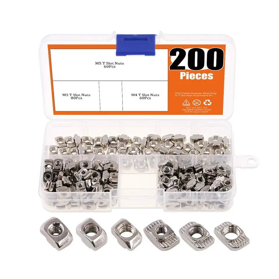 Európsky M3 M4 M5 T-NUT Slot Hammer Head Upevňovacia matica sortiment 200/160/150ks súprava pre hliníkový profil série T Slot 20