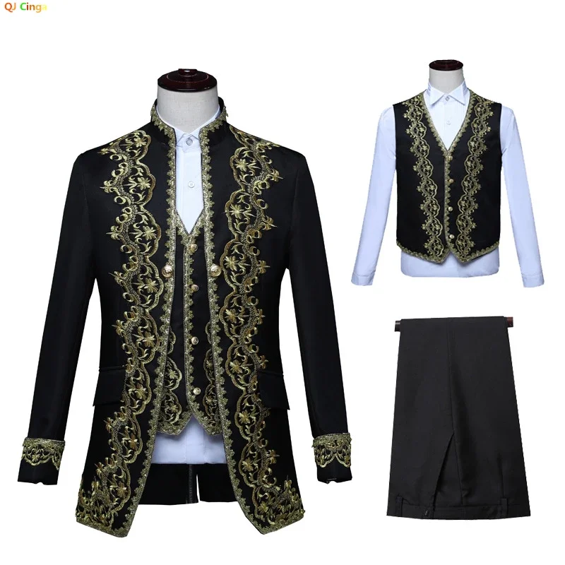 Európsky zlatý vintage tuxedo pánsky oblek 3 kus, čierna, biela opera, kostým s javiskovým výkonom