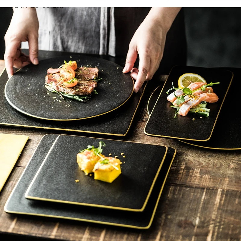 Európsky štýl Frosted Golden Ceramic Western Steak Plate 12-palcový obdĺžnikový čierny sushi dezert 8-palcová večera