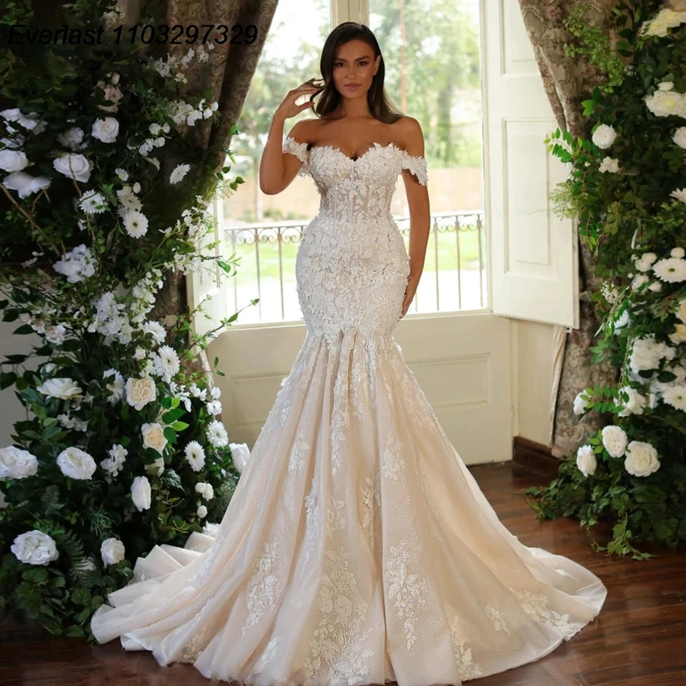 Evlast Prispôsobené svadobné šaty Mermaid z ramena Vestido de Novia čipky
