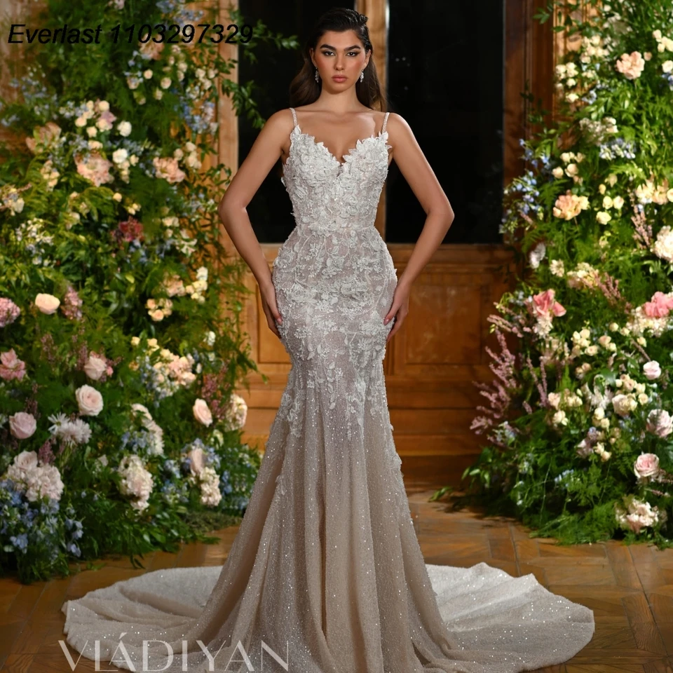 Evlast prispôsobený kvetinové morské panny svadobné šaty čipky korálkové krištáľové Vestido de Novia Svadobné šaty robe de mariee tmd44